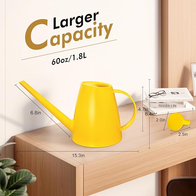 Watering Can for Indoor Outdoor Plants, Modern Small Watering Cans with Removable Nozzle, Long Spout Watering Can for Indoor Bonsai Plants Garden Flowers 1/2 Gallon 1.8L 60OZ (Yellow)