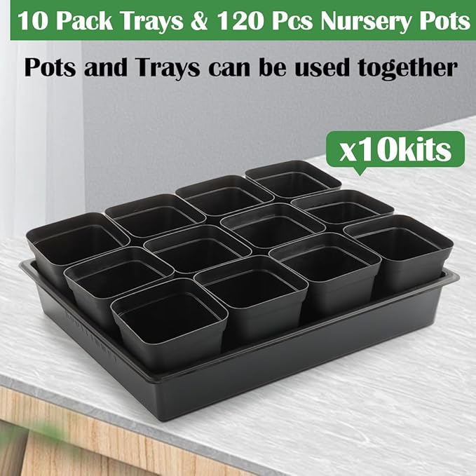3.5 inch (9CM) Square Nursery Pots 120pcs, Sturdy Seedlings Trays 10 Pcs, Seeds Starter Planter Nursery Trays 10 Sets
