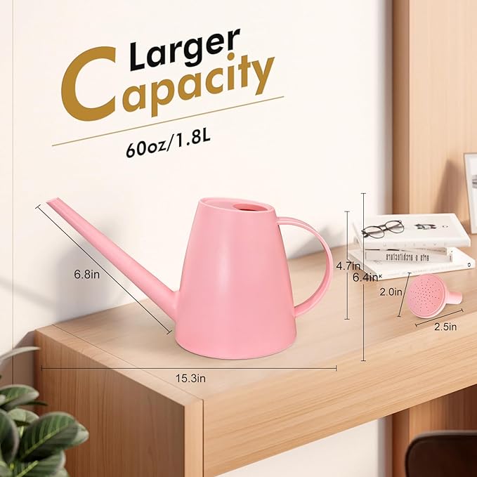 Watering Can for Indoor Outdoor Plants, Modern Small Watering Cans with Removable Nozzle, Long Spout Watering Can for Indoor Bonsai Plants Garden Flowers 1/2 Gallon 1.8L 60OZ (Pink)