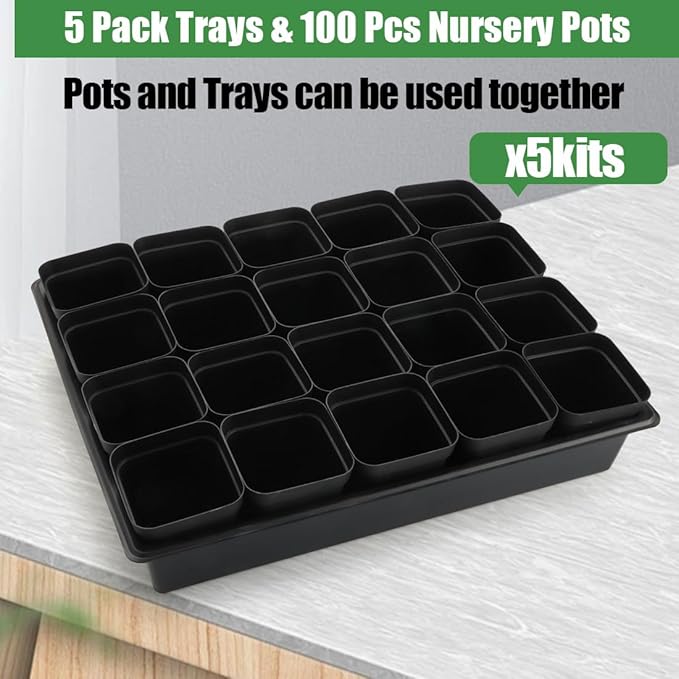 3.15 inch (8CM) Square Nursery Pots 100 pcs, Sturdy Seedlings Trays 5 Pcs, Seeds Starter Germination Tray, Microgreening Planter Nursery Propagation 5 Sets