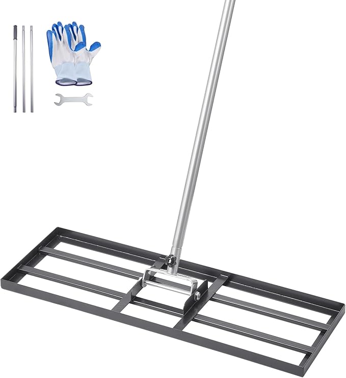 VEVOR Lawn Leveling Rake, Lawn Leveler with 83.9 in Handle, 30x10 in Ground Plate, Rust-Resistant Carbon Steel Soil Leveler, 3 Heights Adjustable, Effort Saving Lawn Leveling Tool for Yard Golf Court