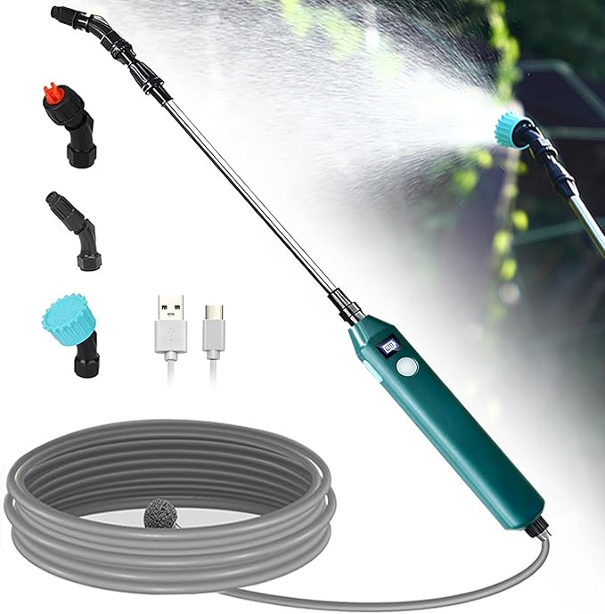 Battery Powered Sprayer Wand,23.6" Electric Sprayer Telescopic Wand with 3 Spray Forces, Battery Indicator, 16.4FT Hose, 3 Mist Nozzles for Lawn and Garden