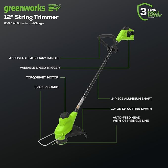 Greenworks 48V (2x24V) Electric Lawn Mower Combo Kit: 20"Steel Deck Push Mower, 12" String Trimmer, 320 CFM Blower, 3 Batteries & 2 Chargers, 3-Year Warranty.