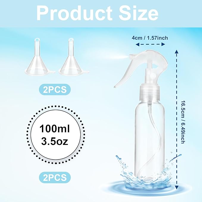 KALIONE 2 Pcs Small Spray Bottles 3.5oz/100ml Mist Continuous Spray Bottle for Essential Oils Water Squirt Reusable Liquid Container Mini Mister Spray Bottles with 2 Pcs Funnels and 16 Pcs Labels