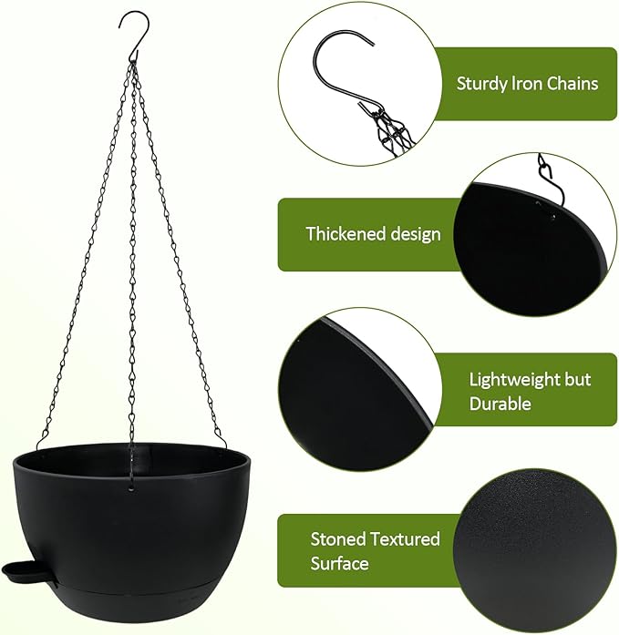 WOUSIWER Self Watering Hanging Planters, 2 Pack 12'' Plastic Pots with Drainage Holes & Reservoir Tray (Black) | Indoor & Outdoor Use for Ferns, Ivy, Herbs, Succulents