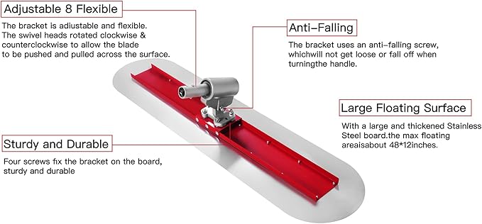 Bull Float Concrete Bull Float Tool Kit 48"x12" Fresno Round End Stainless Steel Board Kit Tool Cement Trowel Tools Float Bracket Concrete Tools Finishing With 48" Aluminum Alloy Handle x4 VOYAR