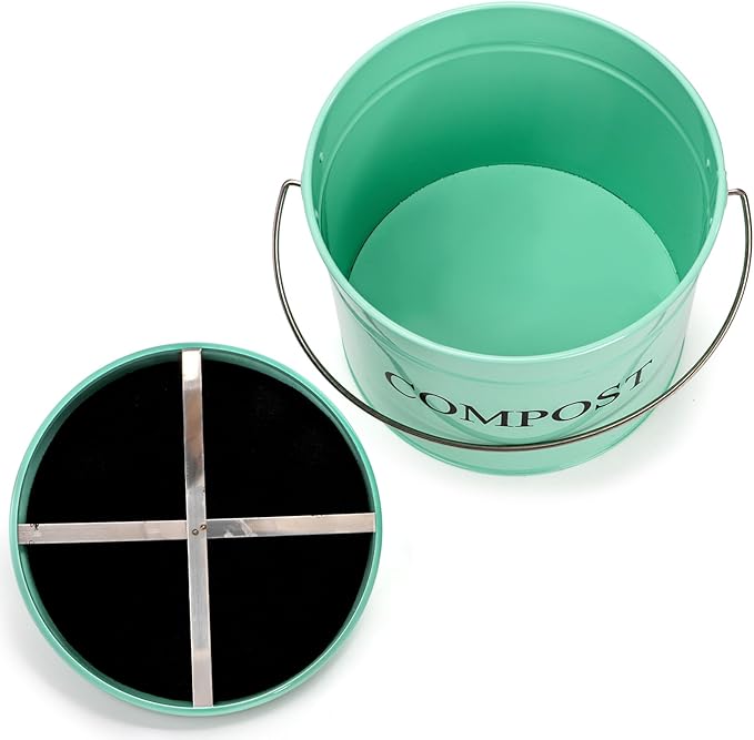 AVLA Kitchen Compost Bin, 1 Gallon Countertop Food Waste Container, Odorless Composter Bucket with Lid and Charcoal Filter, Indoor Metal Composting Pail, Mint Green