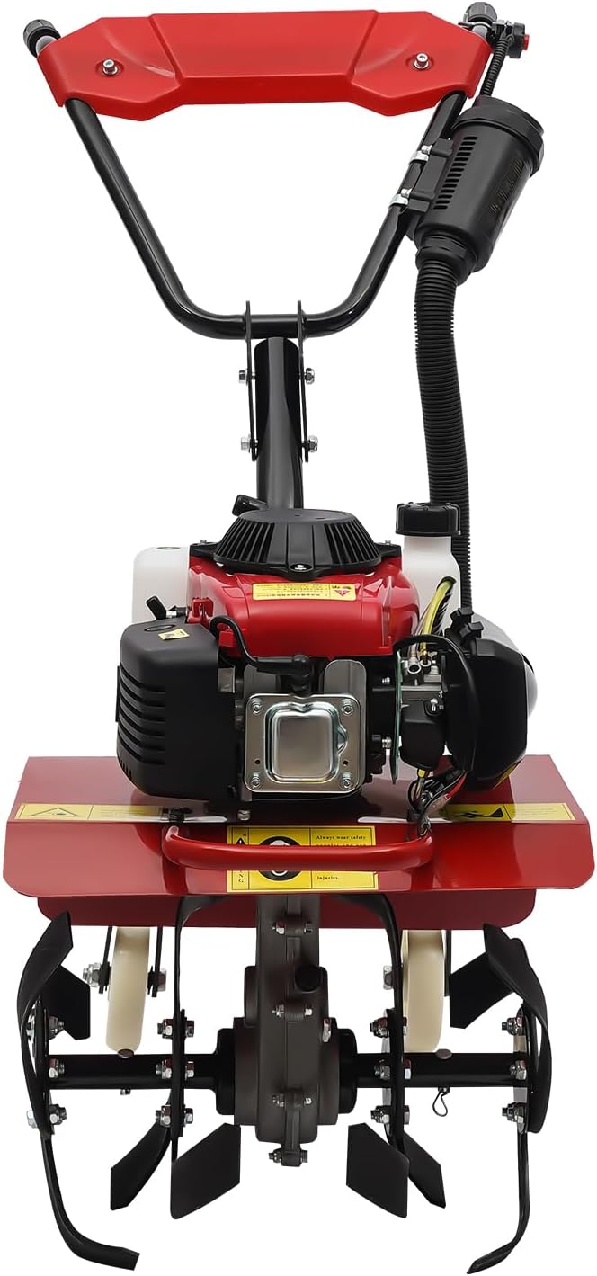 Garden Tiller Cultivator,63CC 4-Stroke Gas Powered Engine Rototiller Garden Tool with Widened Mud Flap Cordless with Long Handle Strong Power Garden Cultivator for Plowing Turning Soil Ditching