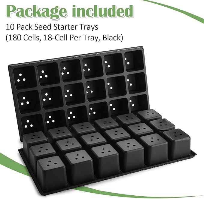 10 Pack 18 Cell Seed Starter Trays - 2.9 "Deep 3 Inch Big Cell Plastic Nursery Trays, 20" x 10", for 1020 Flat Trays Seed Germination, Planting Seedlings & Propagation