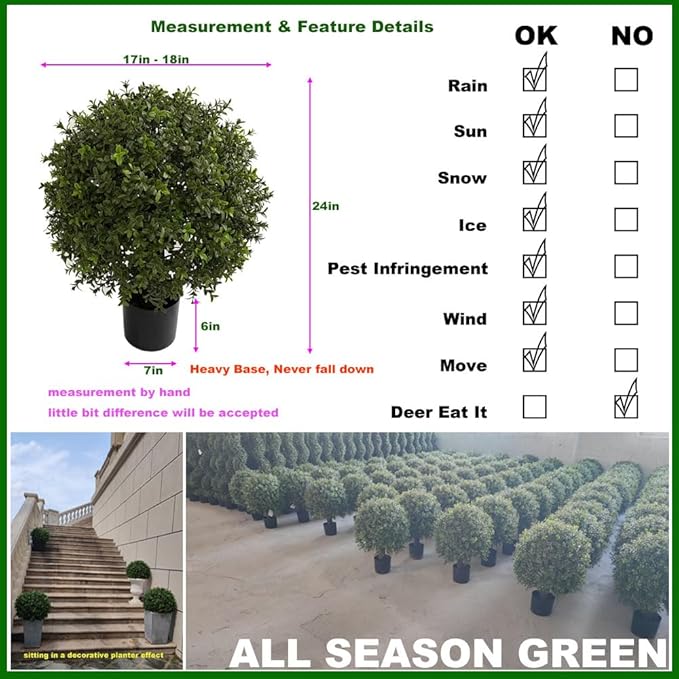ALL SEASON GREEN 2'T 18''W Boxwood Ball Artificial Topiary Trees Potted Faux Outdoor Plants for Home Porch Decor Set of 2