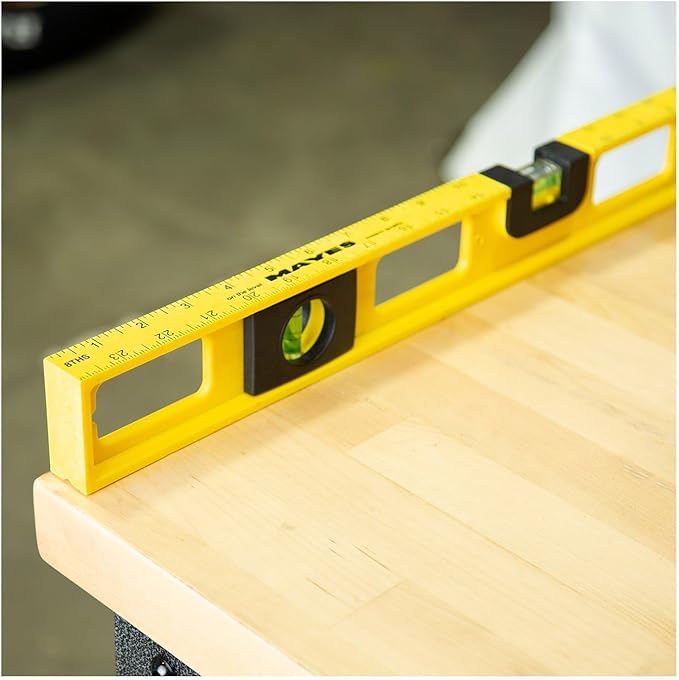 Mayes 10140 Top View Magnetic Level, 24 Inch Level Made in USA, 3 Vials with 270° Center View, Ruled Edge for Accurate Measurements, V-Groove for Curved Surfaces