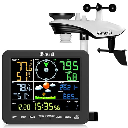 SA8 Home Weather Station with Rain Gauge and Wind Speed, Weather Stations Wireless Indoor Outdoor with Rain Gauge Outdoor, Forecast, Temperature, Humidity, Moon Phase, Alarm Clock(No WiFi)