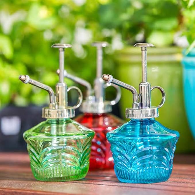 Glass Mini Watering Can Vintage Plant Mister Flower Water Spray Bottle and Faceted Glass Plant Watering Globe with Terracotta Spike, Plant Watering Gift Set,Green