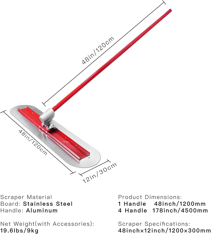 Bull Float Concrete Bull Float Tool Kit 48"x12" Fresno Round End Stainless Steel Board Kit Tool Cement Trowel Tools Float Bracket Concrete Tools Finishing With 48" Aluminum Alloy Handle x4 VOYAR