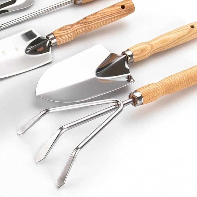 5-Piece Garden Tool Set, Heavy-Duty Rust-Resistant Stainless Steel with Ergonomic Non-Slip Wooden Handles – Durable Gardening Tools Gift, Includes Trowel, Transplanter, Hand Fork, Cultivator & Weeder
