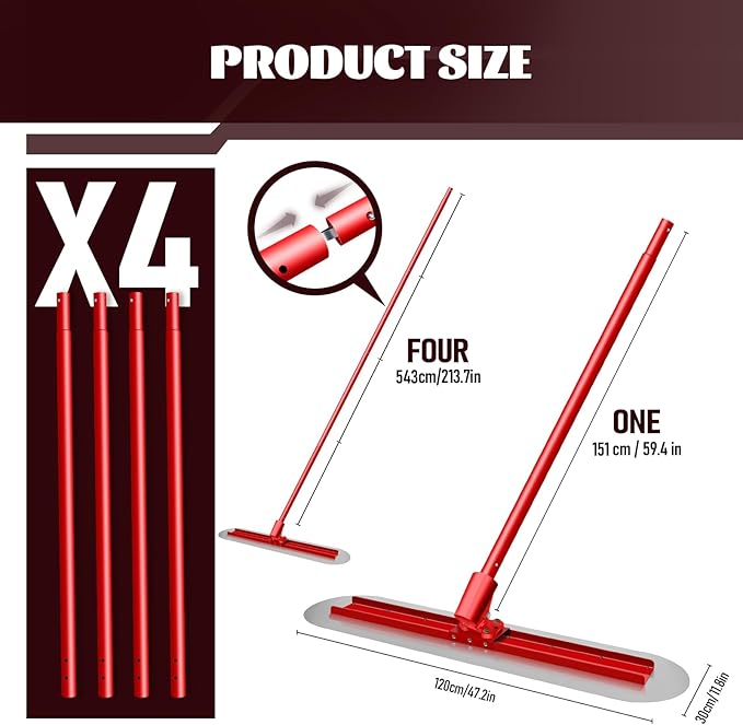 Generic Concrete Bull Float 48''x12'' Cement Surface Smoothing Tool with Detachable Aluminium 3 Handle 1.8M Concrete Finishing Trowel with Tilt Bracket and Rotary Regulator Concrete Bull Float Kit