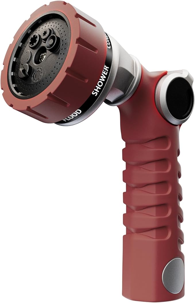 RESTMO Heavy Duty Hose Nozzle, Metal Garden Water Hose Sprayer with 7 Watering Patterns, Thumb Control, On Off Valve, High Pressure Nozzle Sprayer for Watering Plants, Car and Pet Washing, Red