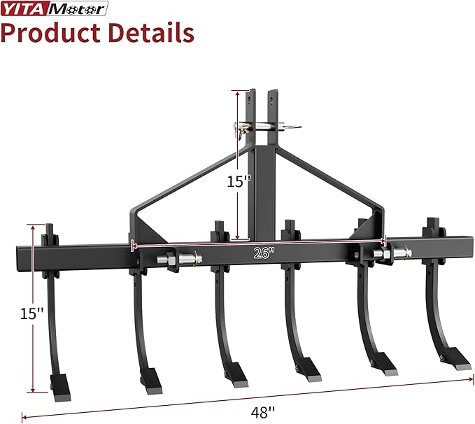 YITAMOTOR 48-Inch Heavy Duty Detachable Chisel Plow Scarifier Cultivator with 6 Scarifier Shanks for CAT-1&CAT-0 Tractors
