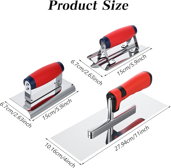 3Pcs Concrete Tools Stainless Steel Flat Finishing Trowel plus Concrete Edger and Groover Stucco Cement Kit Masonry Construction Hand Kit