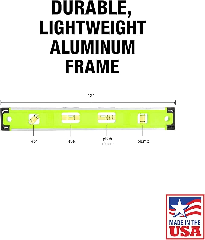 Mayes 10794 Torpedo Level 12", Made in USA Magnetic Level, Use for Slope, Drainage, and Conduit Work, V-Groove Aluminum Frame with Pitch Vial and Top View Windows