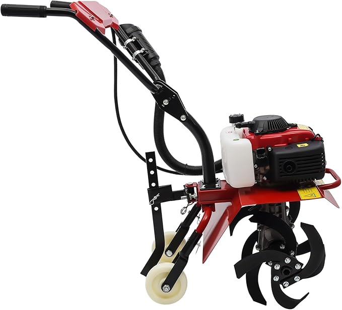 Garden Tiller Cultivator,63CC 4-Stroke Gas Powered Engine Rototiller Garden Tool with Widened Mud Flap Cordless with Long Handle Strong Power Garden Cultivator for Plowing Turning Soil Ditching