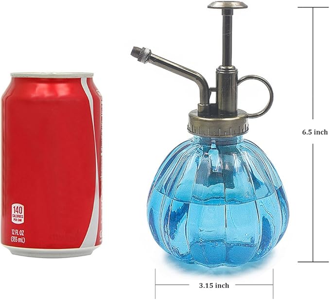Plant Mister, 6.5" Tall Vintage Style Decorative Glass Water Spray Bottle with Top Pump Small Watering Can (Blue)