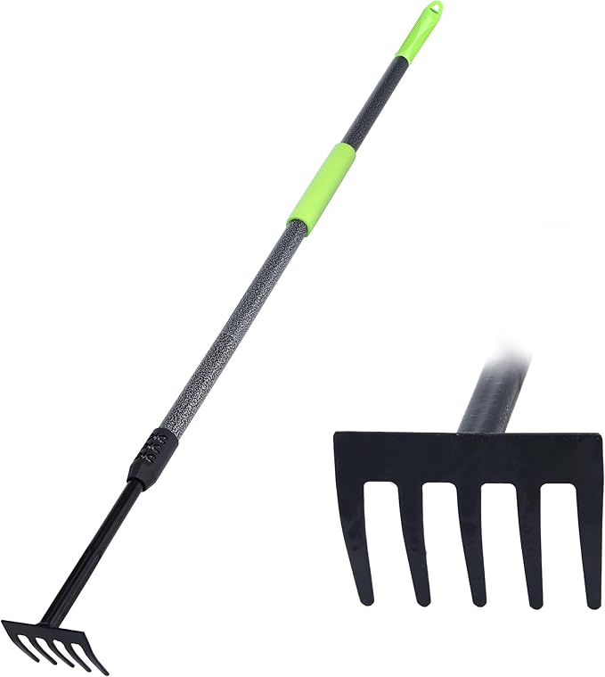 Hand Rake, Adjustable Handle Garden Small Rake Garden Tool, Heavy Duty Hand Tiller Cultivator with Soft Foam Grip, Mini Rakes for Weeding Tilling Soil Loosing Planting