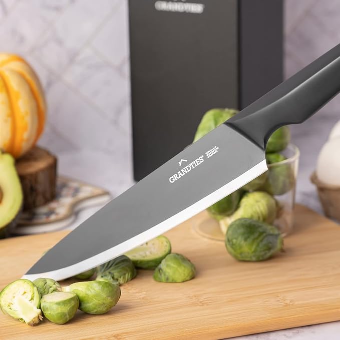 GRANDTIES 7 Piece Nonstick Black Kitchen Knife Set With Block Wooden And Sharpener, High Carbon German Stainless Steel, Ultra Sharp Forged Full Tang Chef Knife Set, Apartment Essentials, Kitchen Décor