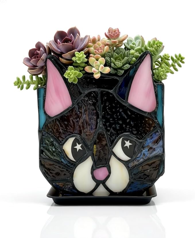 Star Black Cat Decorative Flower Pot, Handcrafted Ceramic Planter with Star Eyes, Modern Home Garden Decor