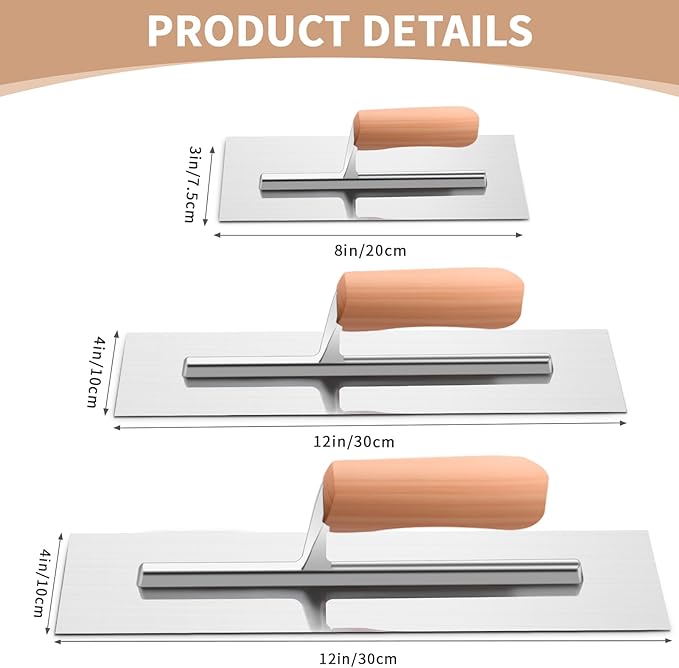 Lasnten 3 Piece Drywall Trowel, Stainless Steel Finishing Masonry Trowel Set Includes 14" x 4", 12" x 4", 8" x 3", Lightweight Wooden Handle, for Pool Concrete Cement Plastering Tool(Square Head)