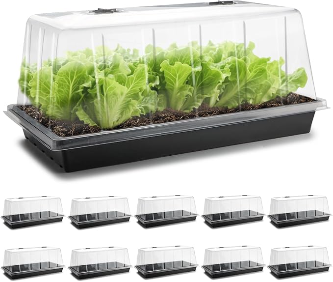 1020 Trays with Tall 7.3'' Dome, 10-Pack Extra Large Seed Starter Tray with Humidity Domes, Heavy Duty 1020 Seed Trays and Flats with Lid, Seed Germination Mini Greenhouse No Hole for Balcony Garden