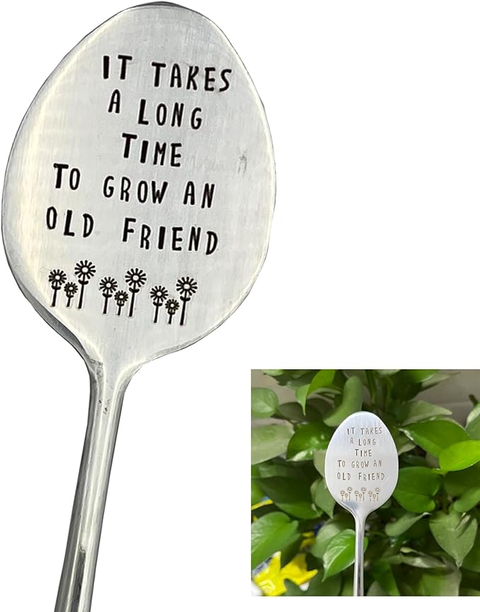 Garden Friendship Gift for Women Gardeners, Plant Marker Stake Label Sign Tag, Gardening Gifts for Woman Plant Lovers, Metal Garden Decoration (Grow an Old Friend-B)