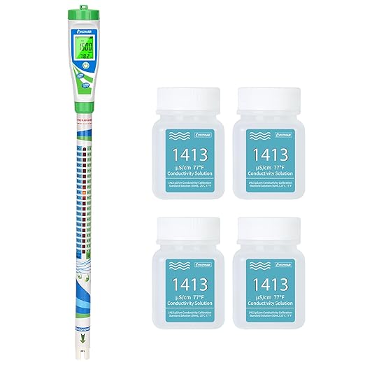 Digital Conductivity Tester PPM EC Meter Truncheon Nutrient Meter with Light Indicator for Hydroponics and 1413μS/cm Calibration Solution for EC Tester Hydroponics Meter 4 Bottles of 50mL
