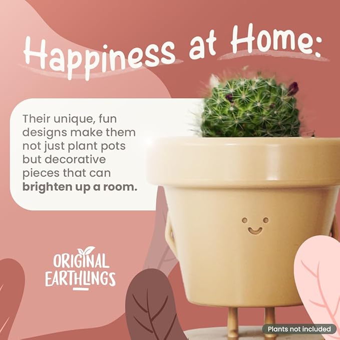Original Earthlings Standing Pot - 4 Inch Cute Plant Pot - Plastic Funny Planter with Drainage - Unique Cactus Lover Gift - Small Succulent Face Flower Pot - Cute Plant Gifts for Plant Lovers