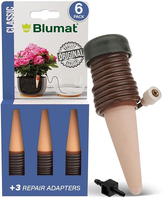 Blumat Classic Self-Watering Stakes - Automatic Drip Irrigation System for Indoor Plant Watering & Outdoor - Water Drip Solution for Potted Plants - Slow Release Stakes, 6 Pack, w Adapter