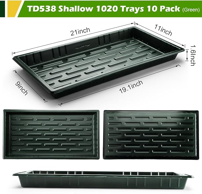 10 Pack Shallow 1020 Trays No Holes - Reusable 1.6" Deep Nursery Flats for 72/128 Cell Plug Tray, Heavy Duty Seed Starter Trays for Microgreens, Hydroponics & Seed Germination (Dark Green)