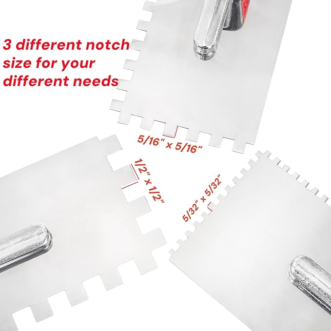 Peohud 3 Pcs Concrete Trowel, Stainless Steel Square Notched Trowel, Flat Finishing Trowel for Tile Cement Drywall Plastering Wall Floor Tiling Installation, Masonry Hand Tool Kit