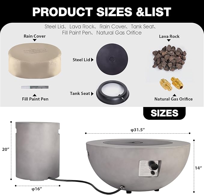 31.5" Round Propane Fire Pit Table,50,000 BTU Outdoor Gas Fire Table with Tank Cover & Lid,Gray Concrete Firepit for Patio,Backyard,Garden and Pool