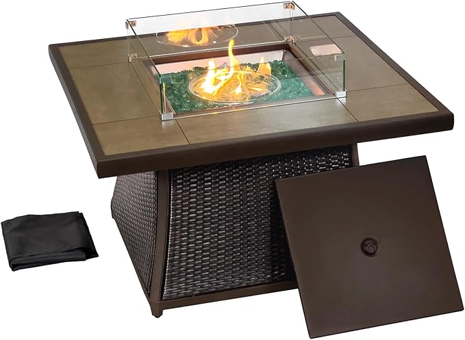 42" Outdoor Fire Pit Table for Patio Square 50,000 BTU CSA Certified Propane Gas Fire Pit with Wicker Base Ceramic Tile Top and Lid&Wind Guard for Garden, Backyard, and Deck Parties