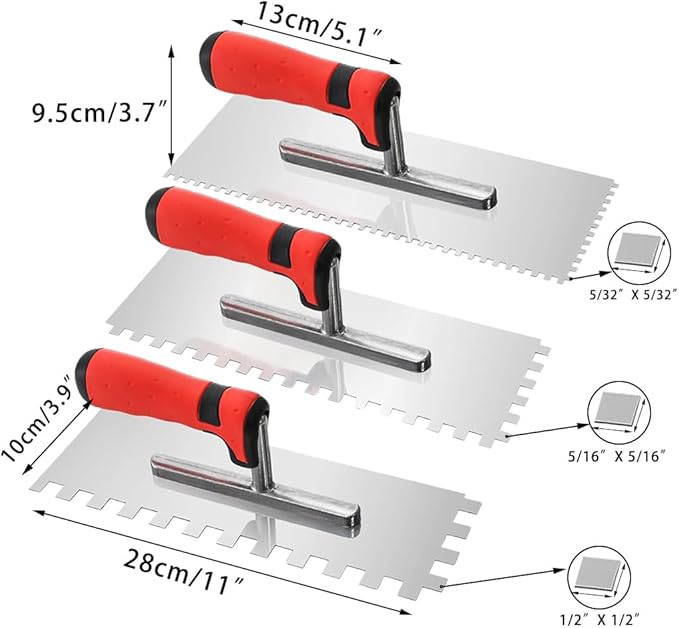5Pcs Square Notched Trowel Set,Stainless Steel Concrete Trowels Margin Flooring Trowel,Masonry Hand Tool with Soft Grip Handle for Wall Floor Tiling Installation