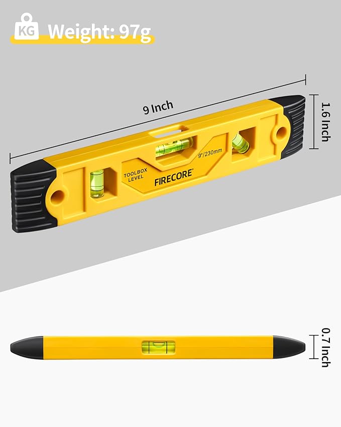 Torpedo Level Magnetic, Firecore 9 Inch Shockproof Small Leveler Tool with 3 Bubble Spirit Level 45 90 180 Degree, Construction Levelers for Hanging Pictures Install Shelf Home Renovation