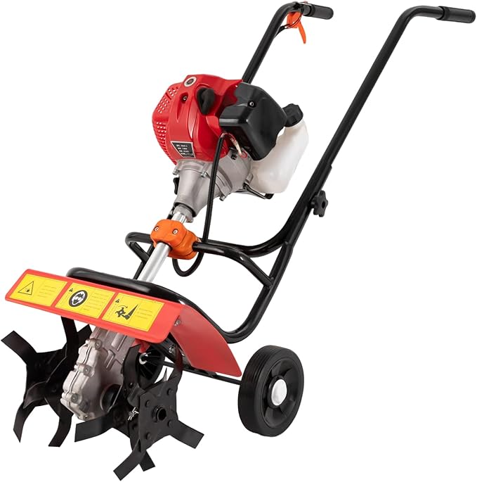 Garden Tiller Cultivator,52CC 2-Stroke Gas Powered Engine Rototiller 1.9KW Garden Tool Bar Cordless with Narrow Blade Anti-Collision Strong Power Garden Cultivator for Plowing Turning Soil Ditching