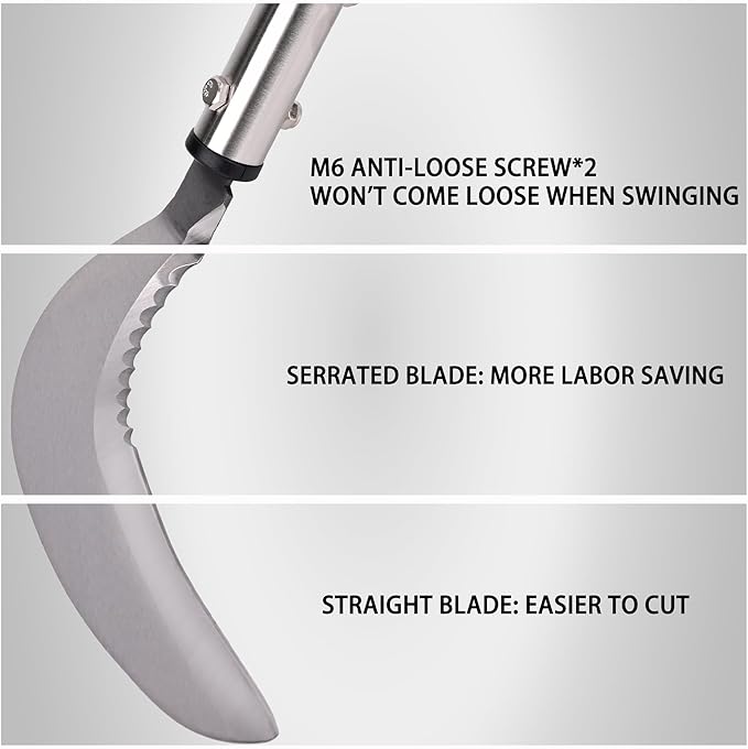 Weeding Sickle, Serrated & Plain-Edged Combined Steel Scythe 51-Inch Adjustable Long Handle, Lightweight Long-Handled Garden Sickle Tool for Gardens, Yards, Fields & Overgrown Areas