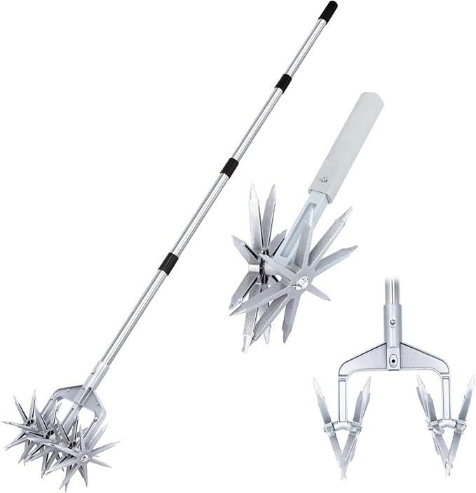 Rotary Cultivator, Adjustable Hand Tiller Garden Tool with Detachable Solid Metal Tines for Loosing and Mixing Soil,2-in-1 Manual Tiller Garden Cultivator for Reseeding Grass 58 Inch