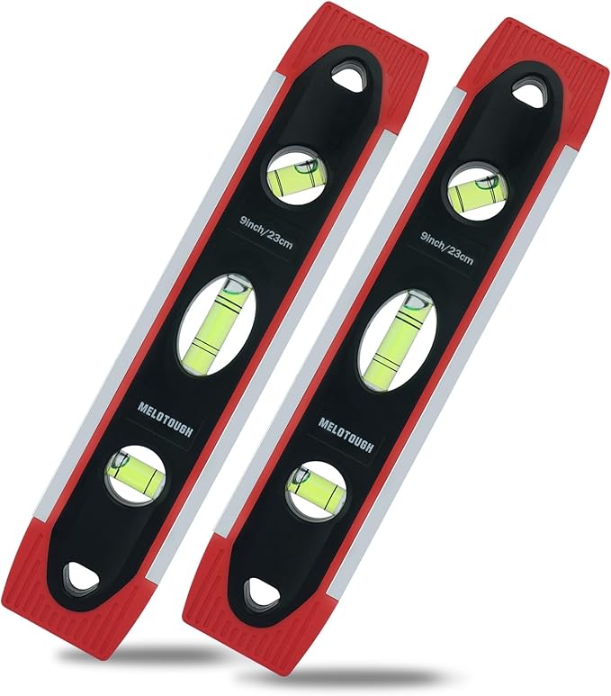 MELOTOUGH 9 Inch Torpedo Level Magnetic,Small Leveler Tool,Spirit Level with 45/90/180 Bubbles,V-Groove,Shock Resistant Leveler,Red(2PCS)