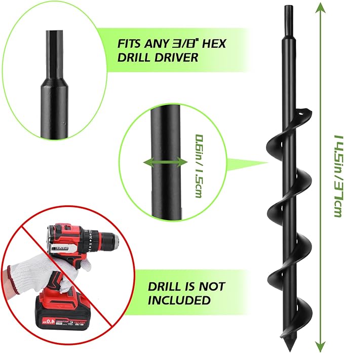ERYTLLY Auger Drill Bit for Planting 2 x14.5inch,Garden Auger Spiral Bulb Planter Tool for Umbrella Holes Post Hole Digger - Compatible with 3/8 inch Hex-Shank Drill