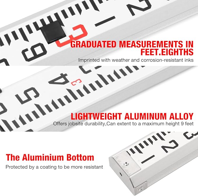 9FT Aluminum Grade Rod & Telescopic Leveling Rod - 3-Stage Survey Rod with Bubble Level, Dual-Sided Grade Stick for Laser Level, Portable Measuring Stick for Surveying