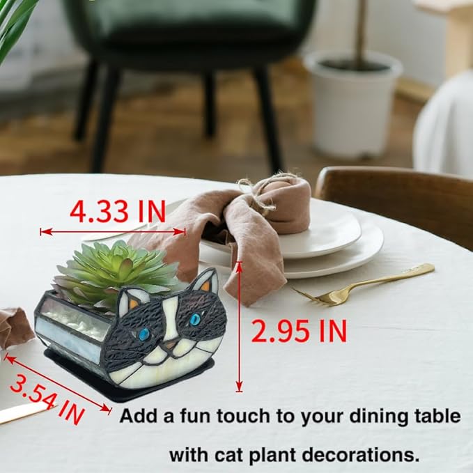 Cactus Black Cat Planter, Cute Small Stained Glass Flower Pot,Terrarium Planter for Tabletop Houseplants，Gifts for Cat Lovers 4.33x3.54x2.95 in (Flower Pot Does not Include Plants)