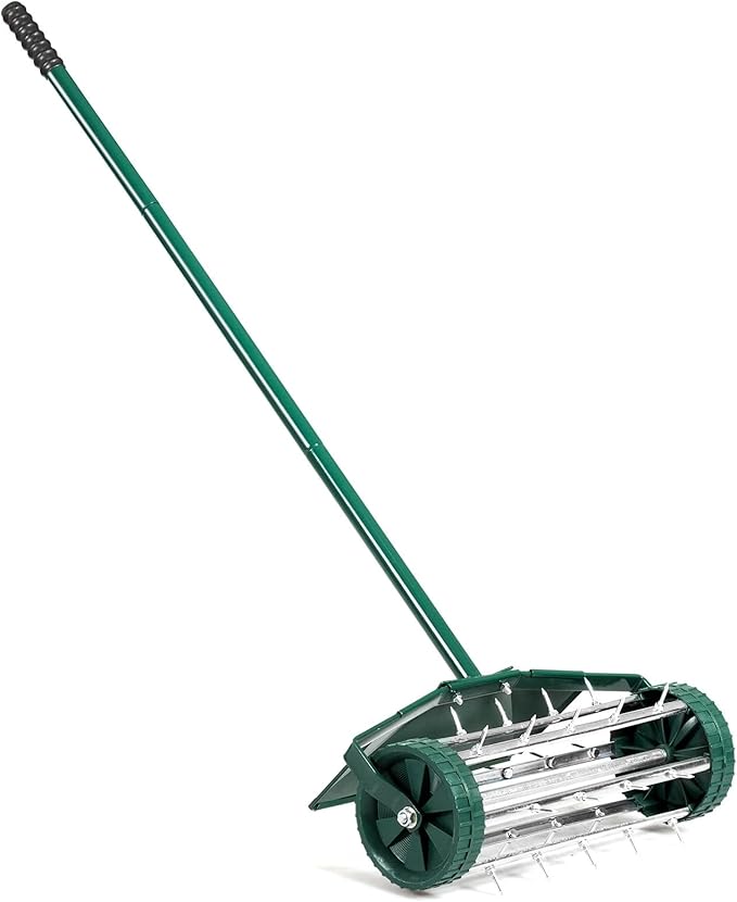 TANGZON Garden Rolling Lawn Aerator, Manual, Steel + Rubber + PP, Green + Silver, 43 x 20 x 128cm, with Fender, Hand-operated Aerator, Lawn Aerator