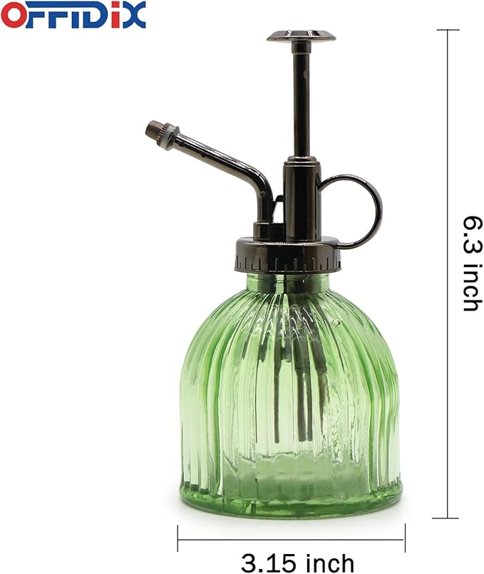 OFFIDIX Glass Plant Mister, 6.3 Inches Tall Vintage Style Spritzer Bronze Plastic Top Pump One Hand Watering Can Indoor Plant Spray Bottle for Garden, Plants, Cleaning (Light Green)